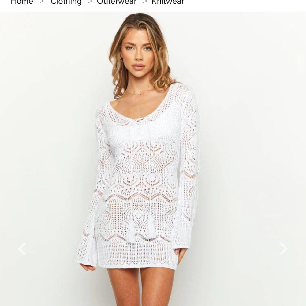 White Long Sleeve Knitted Dress/Coverup